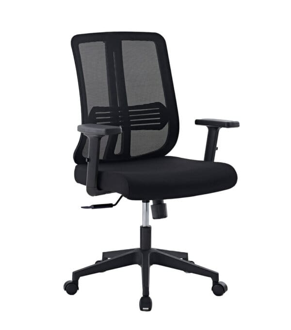 Ergonomic mid-back office chair with breathable mesh backrest, lumbar support, cushioned seat, and adjustable armrests, ideal for comfort and long hours