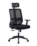Ergonomic high-back office chair with adjustable headrest, mesh backrest, armrests, and cushioned seat, designed for long sitting and reducing back pain."