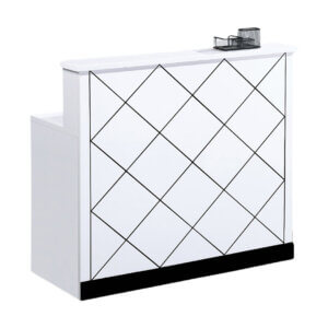 Shop the elegant DiamondFront Modern Reception Desk featuring a white gloss finish and stylish black diamond pattern. Ideal for offices, clinics, and salons in the UAE.
