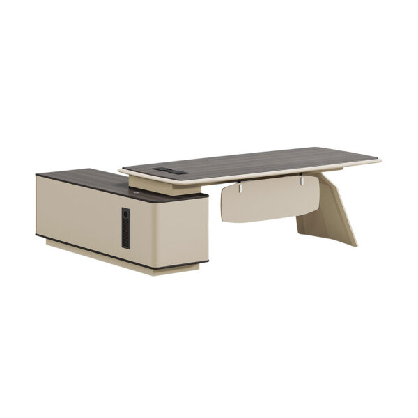 Executive office desk with side storage in beige and walnut finish