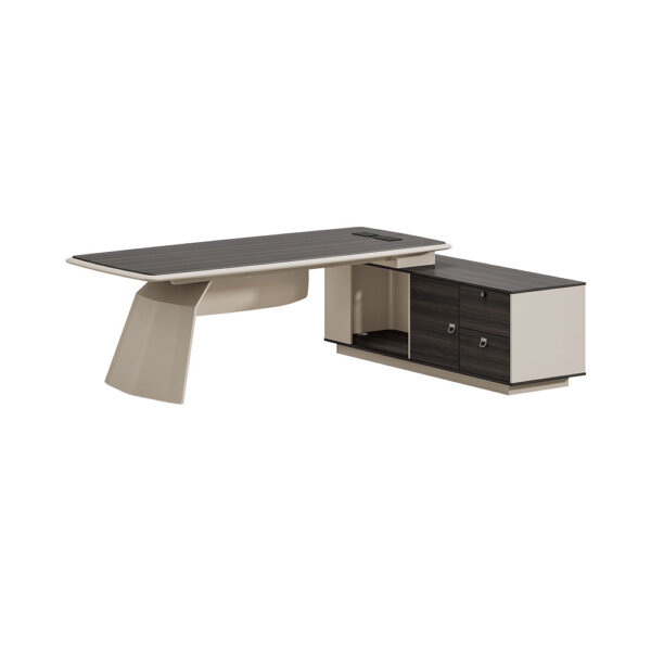 PrimeEdge Executive Office Desk with Side Storage Sand Beige & Walnut Finish - Image 2