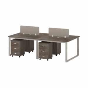 4-person workstation desk in walnut and khaki with dividers and drawers