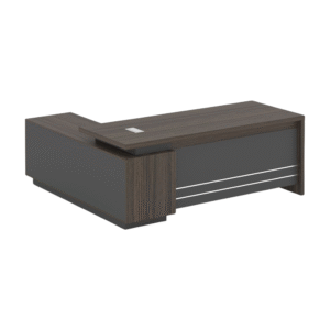 Modern Executive L-Shaped Office Desk with Walnut Woodgrain Top and Grey Panels