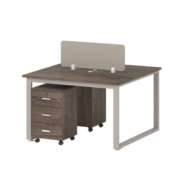 2-person workstation desk in walnut and khaki with divider and drawers
